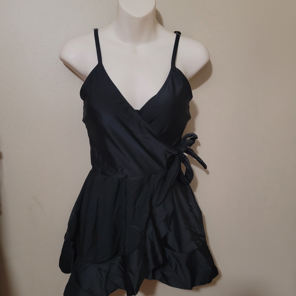 One Piece Side Tie Swimdress V-Neck Skirted Swimsuits Ruffle Bathing Suit.